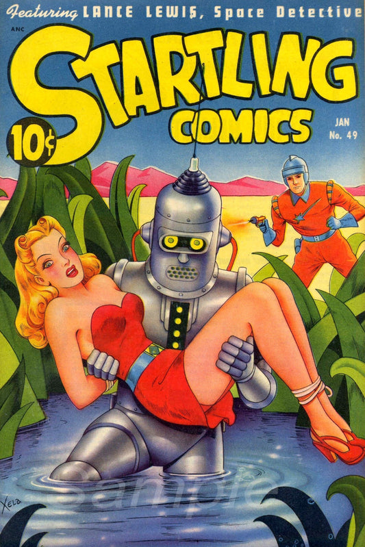 A vintage poster of 'Startling Comics' featuring an illustration of a robot and a woman in a colorful setting.