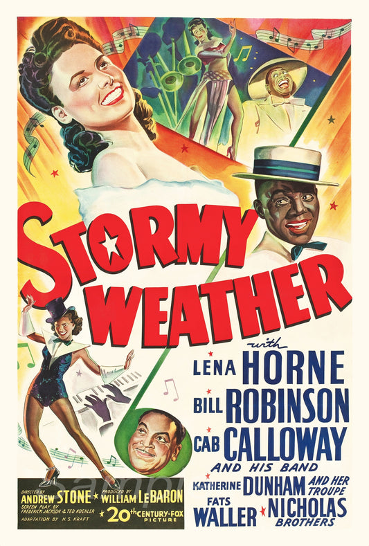 Vintage movie poster print titled 'Stormy Weather' featuring images of people and a title logo in a colorful design.