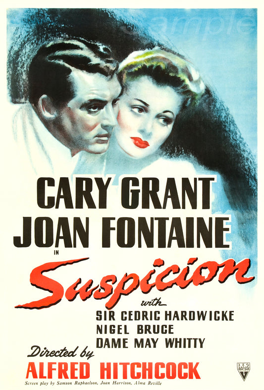 Vintage movie poster print featuring images of Cary Grant and Joan Fontaine with the title 'Suspicion' in bold lettering, indicative of the film's theme and romantic elements.
