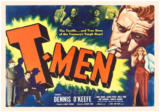 A vintage movie poster print with bold lettering and images depicting a man and a woman, representing the 'T - Men' movie theme.