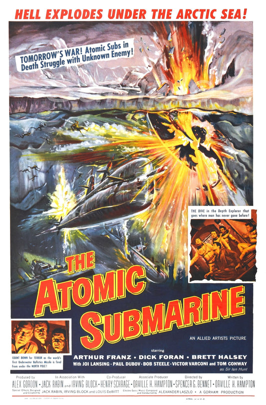 Vintage movie poster print of 'The Atomic Submarine' featuring a submarine and volcanic activity, with text and additional images from the movie.