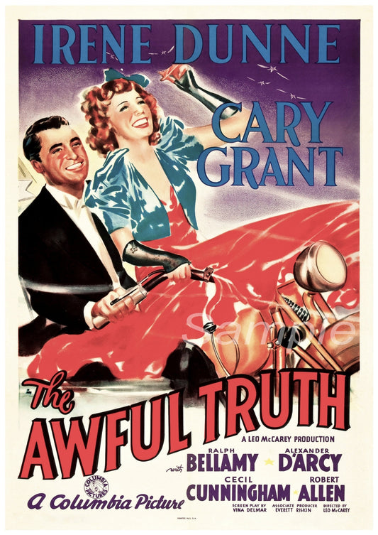 Vintage movie poster print of 'The Awful Truth' featuring images of the actors Cary Grant and Irene Dunne, with a red car and comedic pose.