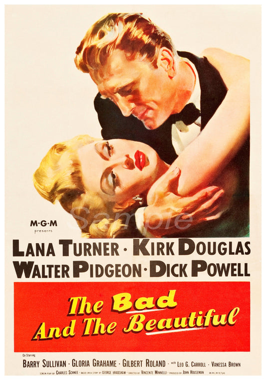Vintage movie poster print featuring actors Lana Turner and Kirk Douglas with the title 'The Bad and The Beautiful'.