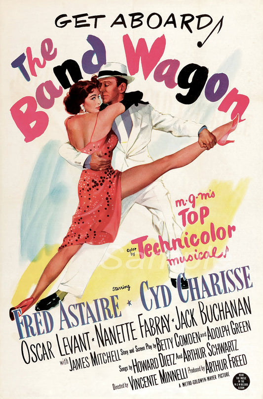 Vintage movie poster for 'The Band Wagon' featuring illustrations of the main characters in a dance pose, with title text and movie details.