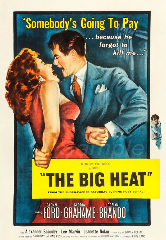 Vintage movie poster for 'The Big Heat' featuring an illustration of a man and a woman in an intimate pose, with the movie title and credits listed below.