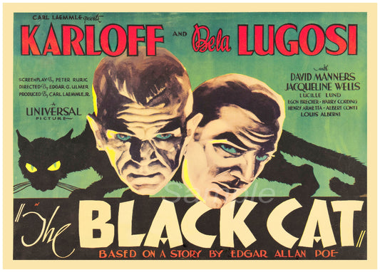 Vintage movie poster print titled 'The Black Cat' featuring images of two men and a cat on the poster.