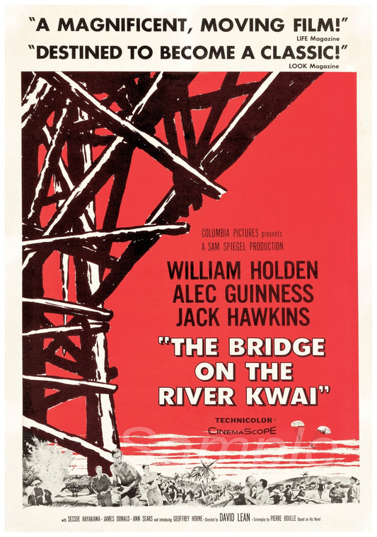 Vintage movie poster print for 'The Bridge on the River Kwai' featuring a red background with text and an image of a bridge.