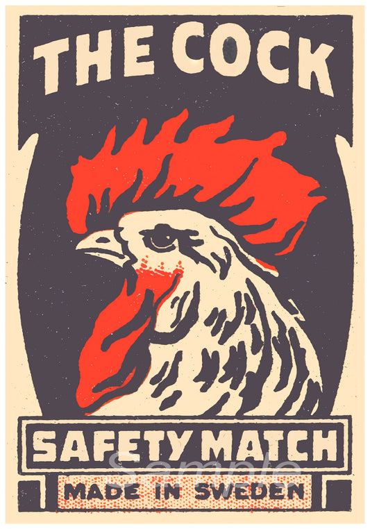 Vintage safety match box label with a rooster design and text 'The Cock Safety Match Made in Sweden'.