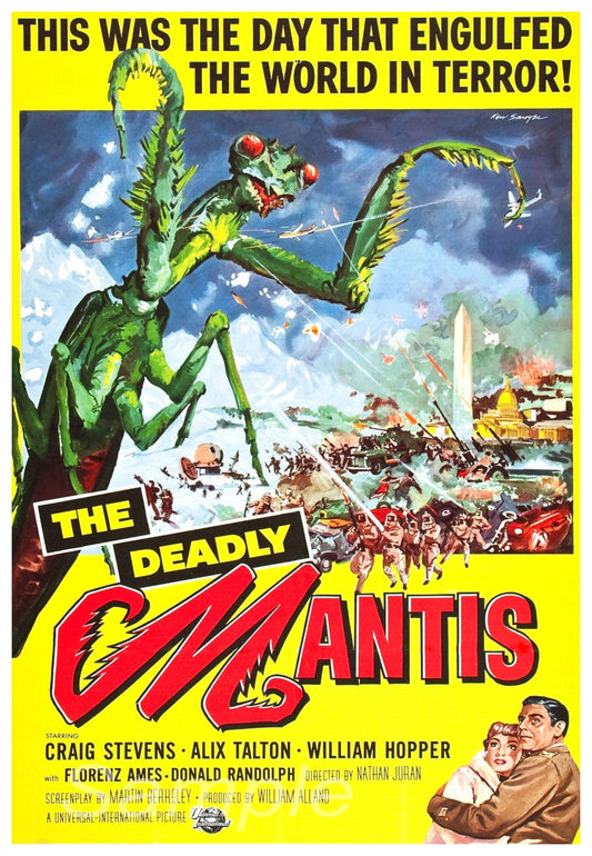 Vintage movie poster print of 'The Deadly Mantis' featuring an illustrated mantis creature causing destruction.
