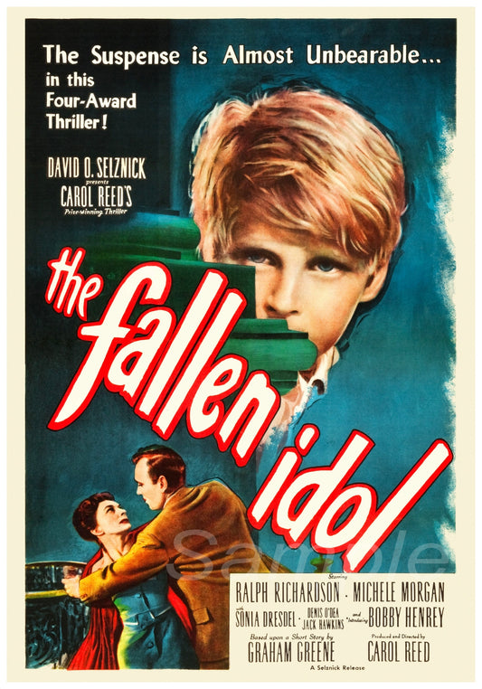 A vintage movie poster print titled 'The Fallen Idol' featuring a man and a woman in a dramatic embrace with a title overlay and credits at the bottom.