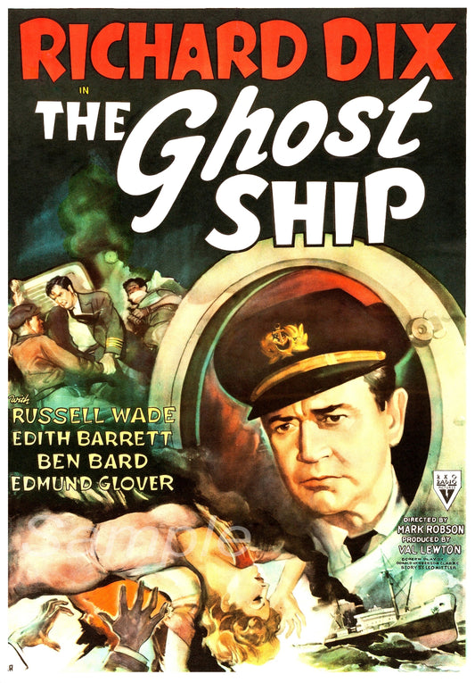 Vintage movie poster print for the film 'The Ghost Ship' featuring a illustration of a ship and a portrait of a man in a military uniform.