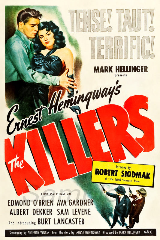 Vintage movie poster print of the film 'The Killers' featuring a couple in a dramatic pose with title text overlay.