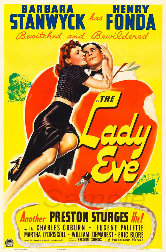 Vintage movie poster for 'The Lady Eve' featuring a woman and man embracing with an apple.