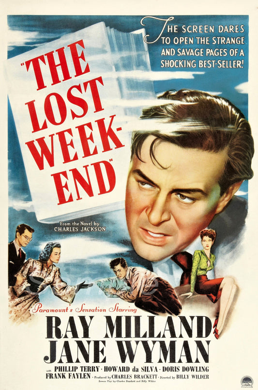 Vintage movie poster for 'The Lost Weekend' featuring a man's face and scenes from the movie.
