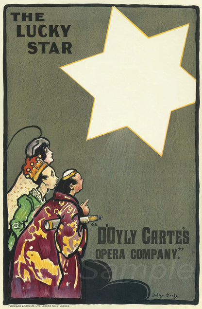 Vintage poster for 'The Lucky Star' featuring two figures and a large star, with text about D'Oyly Carte's Opera Company.