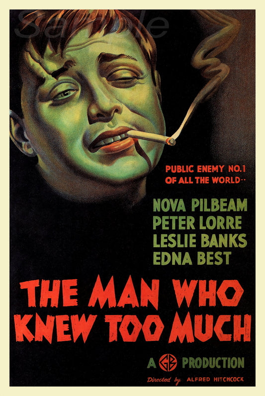 Vintage movie poster print of 'The Man Who Knew Too Much' featuring a stylized, colorful illustration of a female character with text and a cigarette.