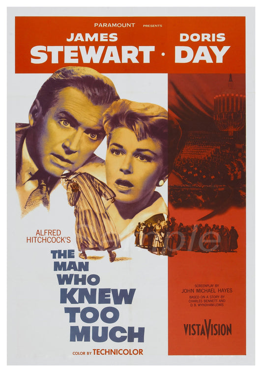 Vintage movie poster print of 'The Man Who Knew Too Much' featuring images of the actors and title text.