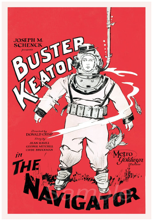 Vintage movie poster print of Buster Keaton in scuba gear on a red background with text and additional graphics.