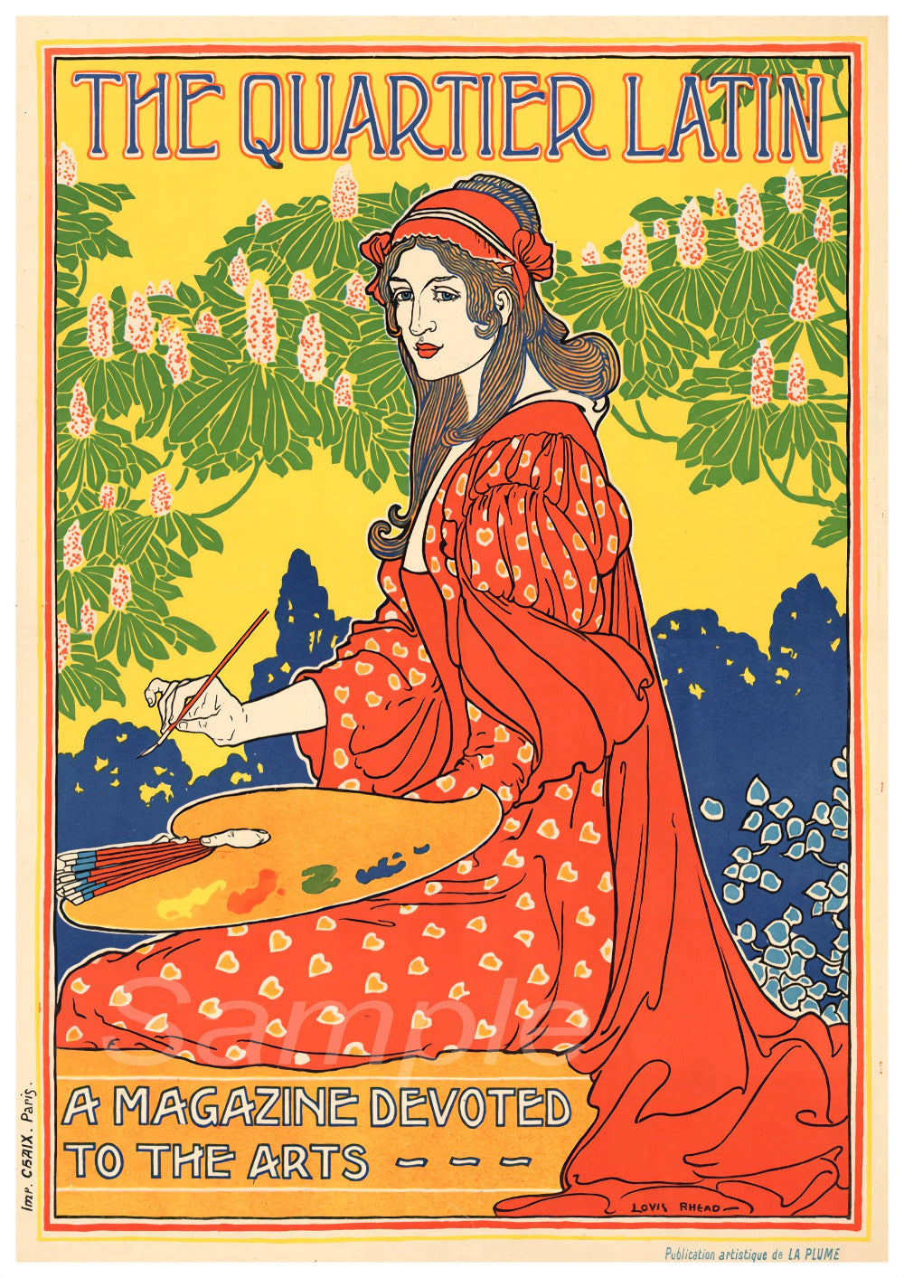 Vintage-style poster of a woman in a red dress with a paintbrush, titled 'The Quartier Latin'.