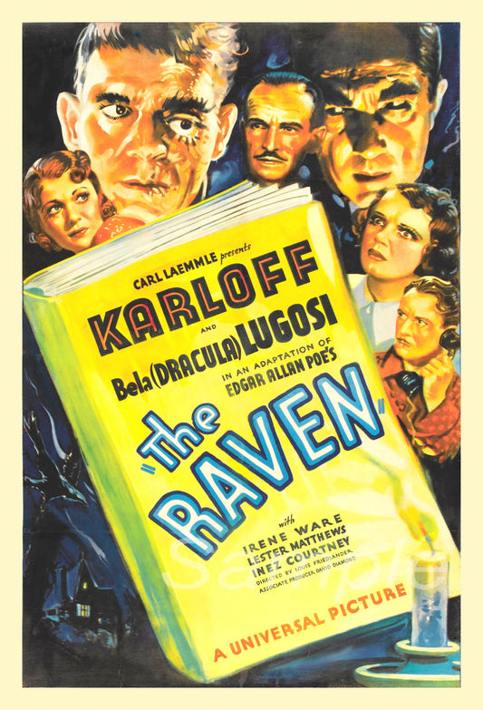 Vintage movie poster print of the film 'The Raven' featuring Boris Karloff, with various characters and a book cover depicted.