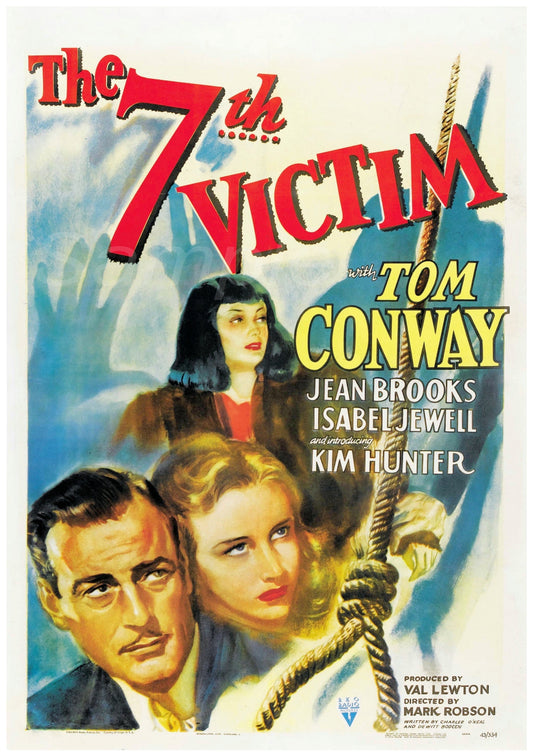Vintage movie poster print for the film 'The Seventh Victim' featuring images of the actors and a dramatic background.
