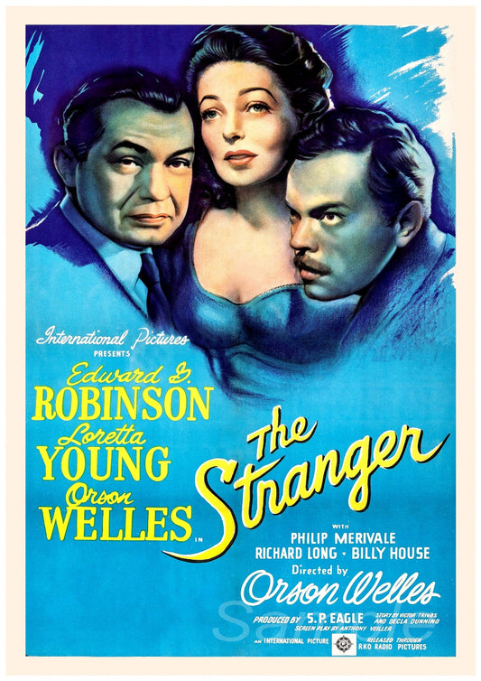 Vintage movie poster print featuring three individuals with a blue tinted background, titled 'The Stranger'.