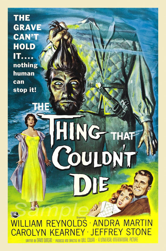 Vintage movie poster print for the film 'The Thing That Couldn't Die' featuring a illustration of a creature and several characters.