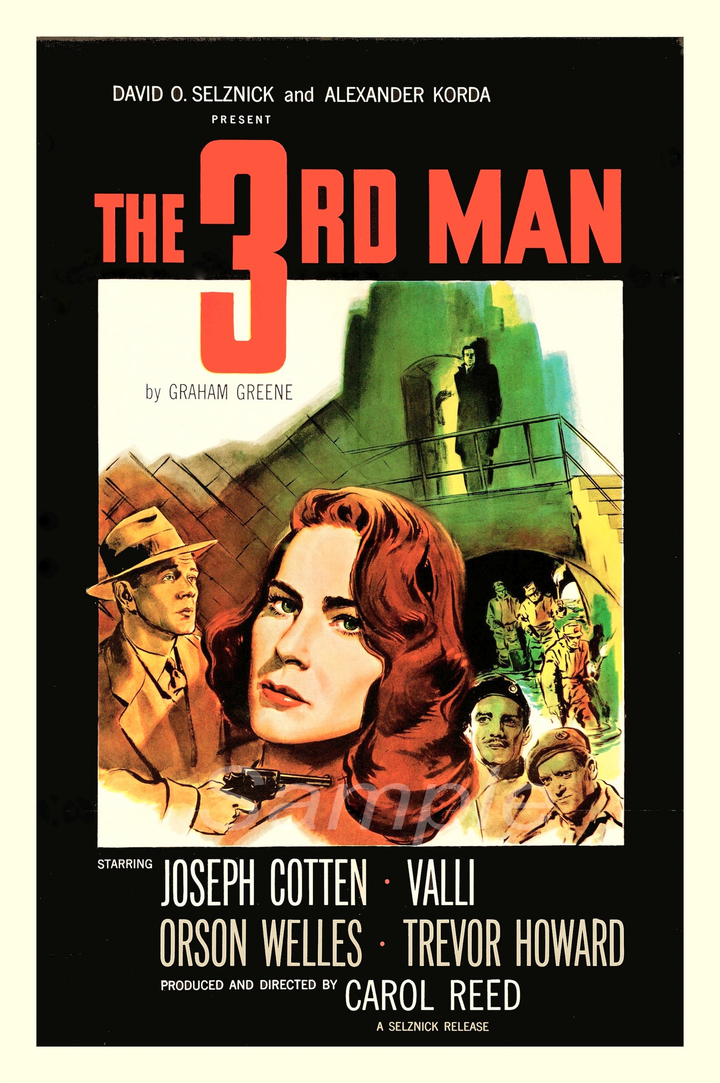 Vintage movie poster print of 'The Third Man' featuring images of characters and a cityscape in a colorful design.