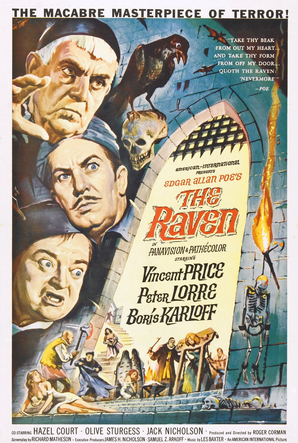Vintage movie poster print for the film 'The Raven' featuring character portraits and thematic elements from the movie.