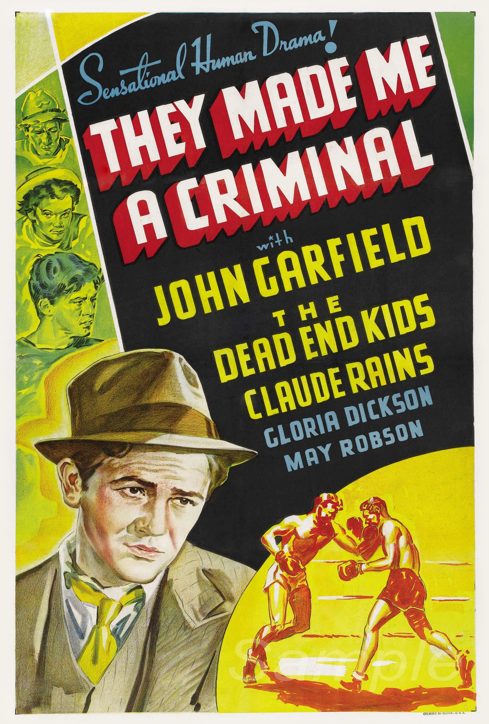 Vintage movie poster print for the film 'They Made Me a Criminal' featuring an illustration of a man in a hat and sunglasses, with a background suggesting a crime theme.