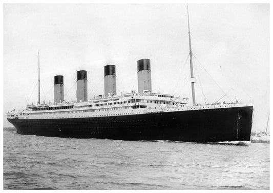 A vintage black and white poster of the Titanic departing.