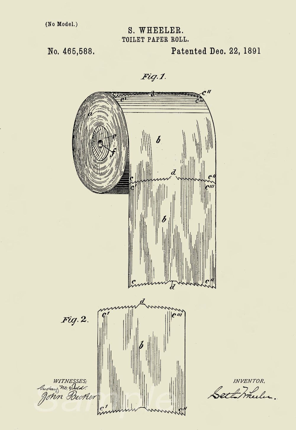 A vintage patent poster print depicting an illustration of a toilet paper roll from 1891.