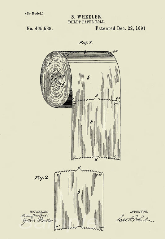 A vintage patent poster print depicting an illustration of a toilet paper roll from 1891.
