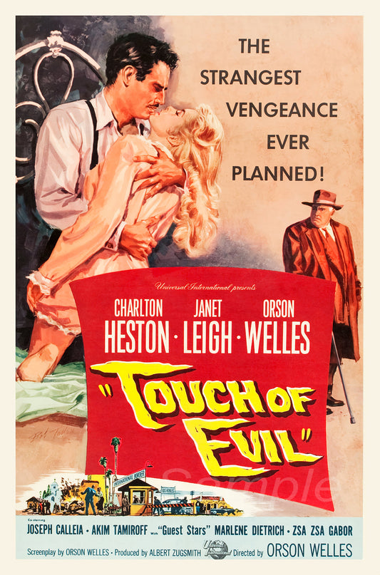 Vintage movie poster print of 'Touch of Evil' featuring images of the actors and a red background with text.