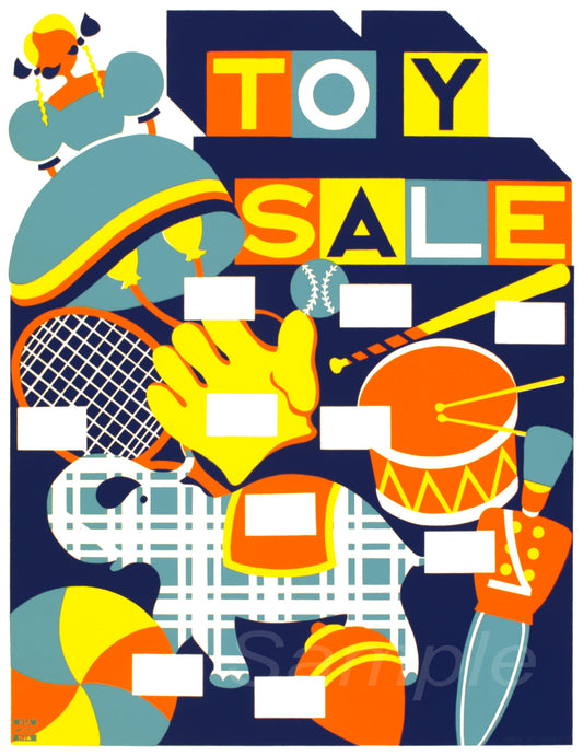 A colorful retro-style poster advertising a toy sale, featuring illustrations of toys such as a teddy bear, baseball bat, and drum set.