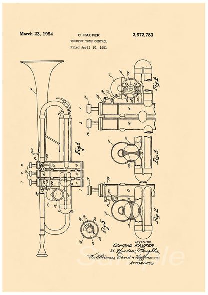 A vintage poster print of a trumpet with tone control from 1951, professionally printed on matte photo paper.