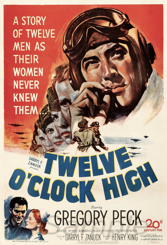 A vintage movie poster print titled 'Twelve O'Clock High' featuring a man in aviator gear, with a background suggestive of a wartime setting. The poster contains text detailing the movie's title and a brief description.