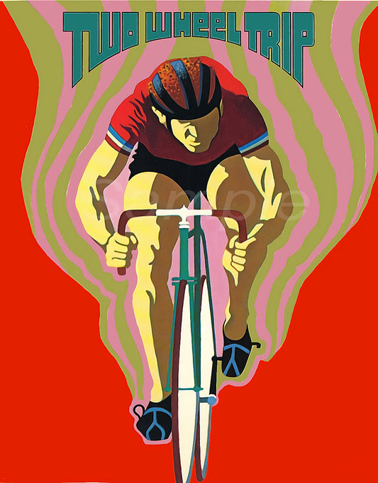 A vintage style poster of a cyclists with the title 'Two Wheel Trip'. The poster has a red background and the cyclist is depicted in a retro style.
