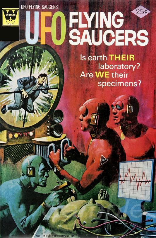 A vintage-style poster depicting a scene with aliens and flying saucers, titled 'UFO Flying Saucers'.