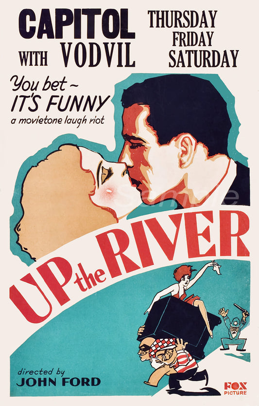 A vintage movie poster print titled 'Up the River' with an illustration of a man and a woman on the poster, indicating it is a retro style art piece.