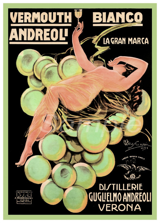 A vintage style poster of Vermouth Bianco featuring a reclining nude woman surrounded by green grapes, with text advertising the vermouth brand.