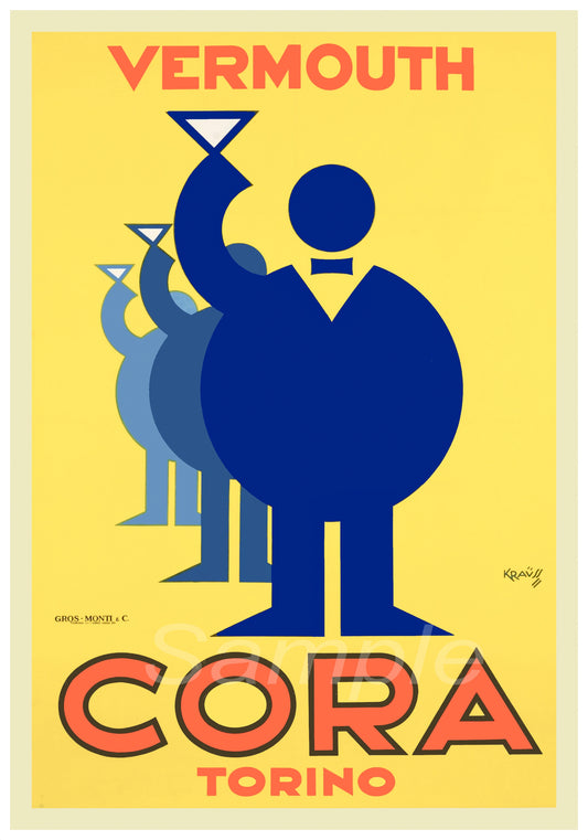 Vintage-style advertisement for Vermouth Cora Torino with blue silhouette and yellow background