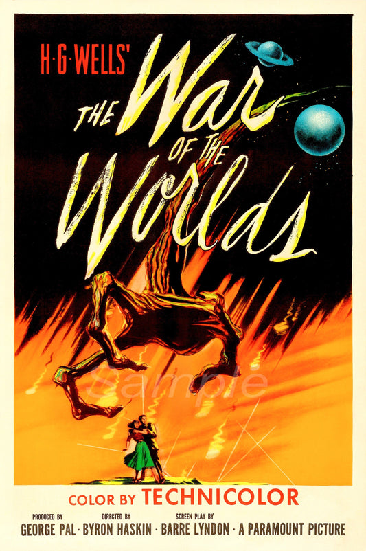 Vintage movie poster print of 'War of the Worlds' by H G Wells, depicting an extraterrestrial creature with a city in the background.