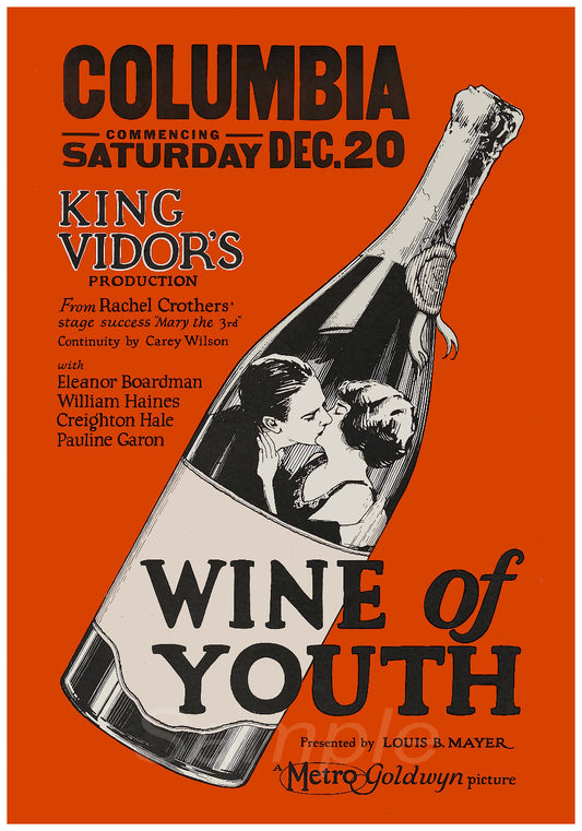 A vintage movie poster print for the 1924 film 'Wine of Youth', featuring an illustration of a wine bottle and title text.