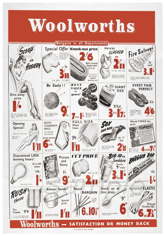 A vintage Woolworths advertising poster print with red header, featuring product illustrations and text.