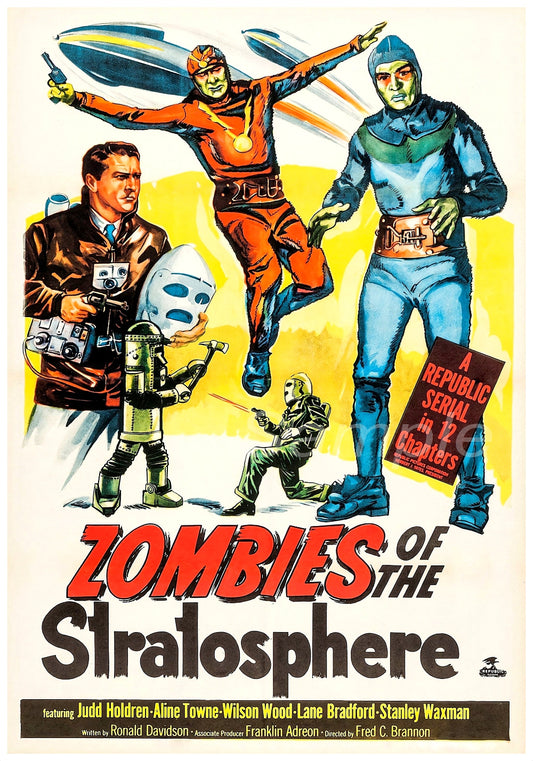 A vintage movie poster print titled 'Zombies of the Stratosphere' featuring illustrated characters including a robot and astronauts.